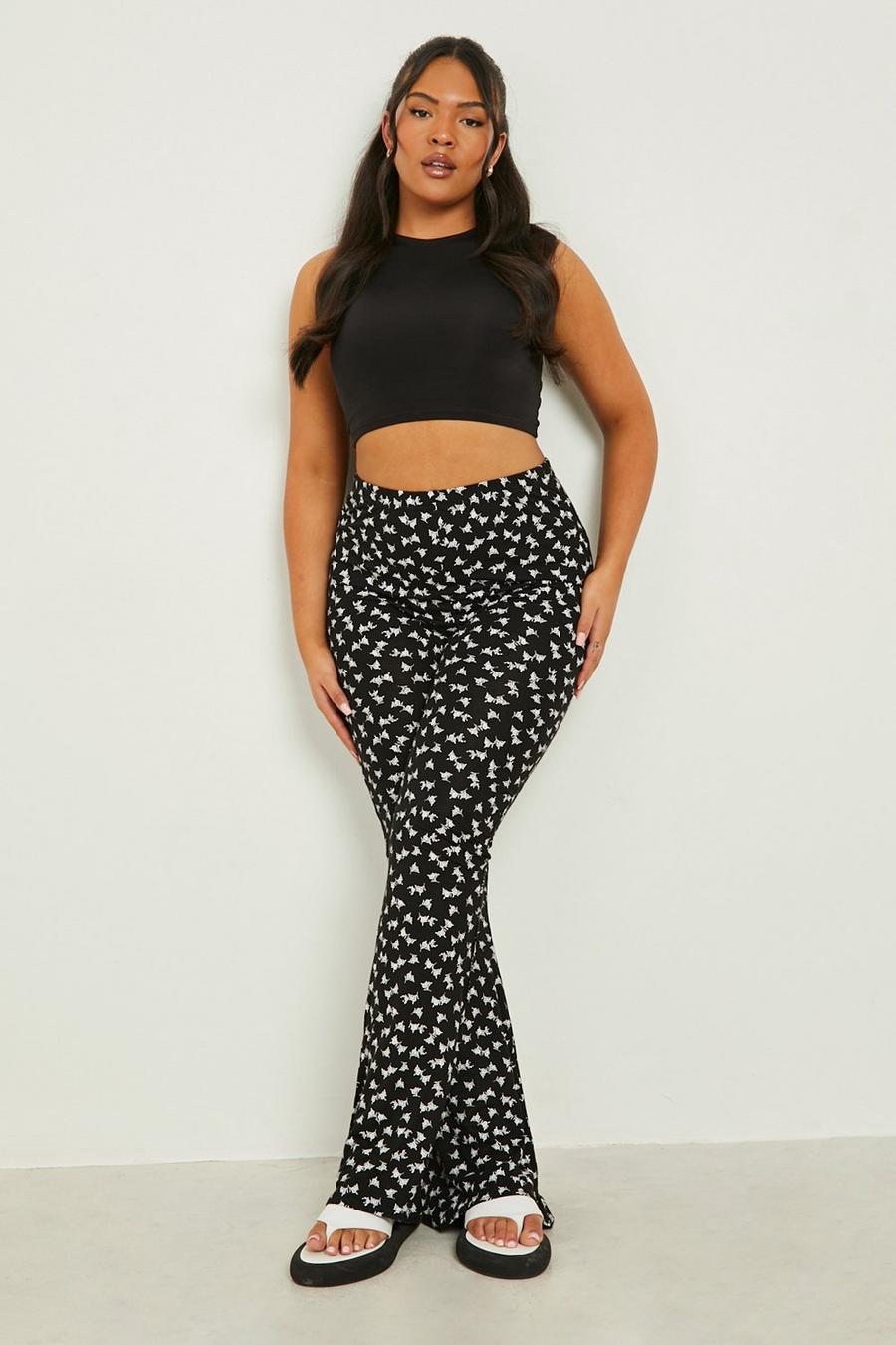 Black Plus Ditsy Floral Jersey Flare Trouser image number 1