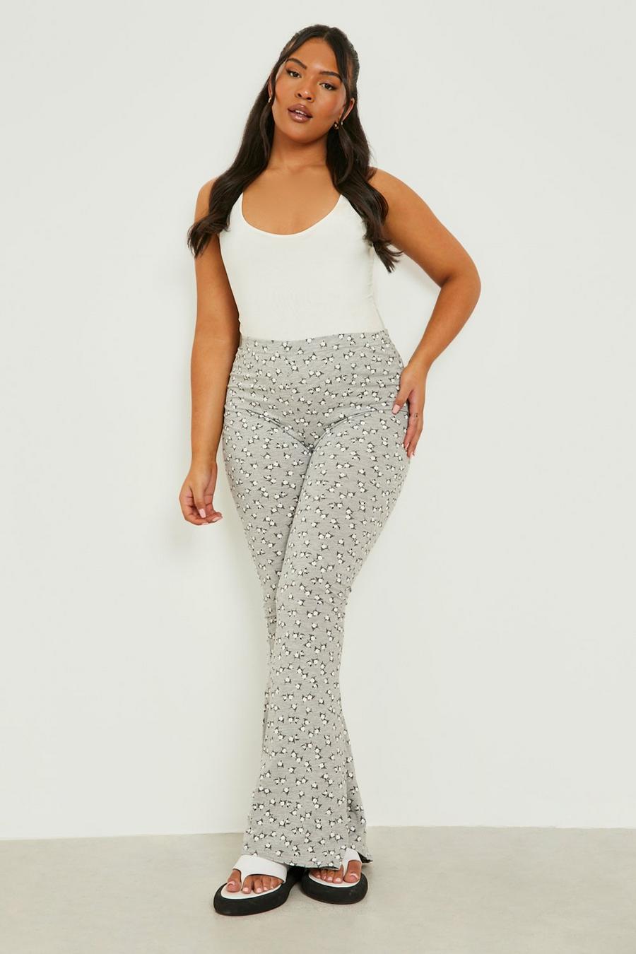 Grey marl Plus Ditsy Floral Jersey Flare Pants image number 1