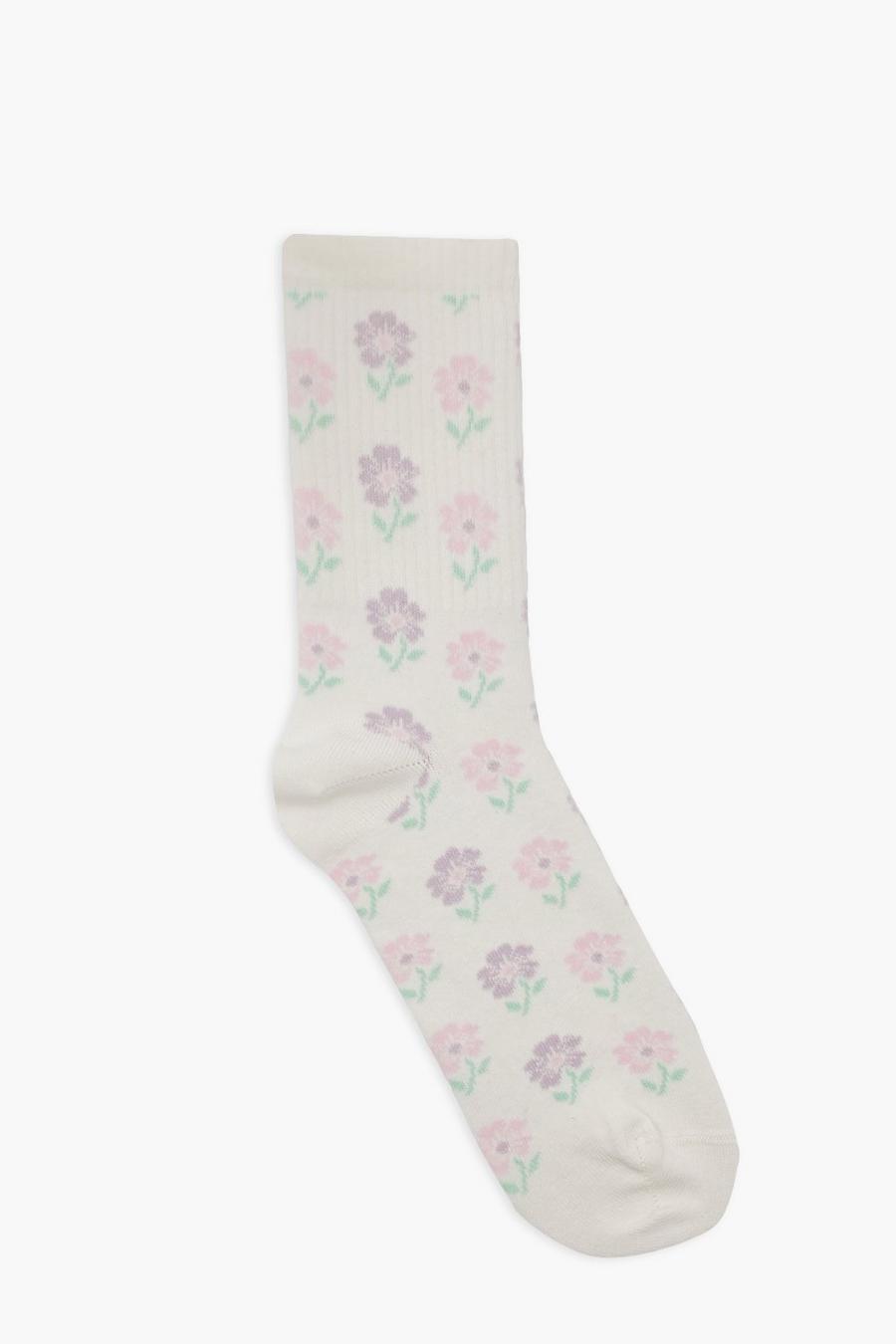 Cream white Floral Jacquard Socks