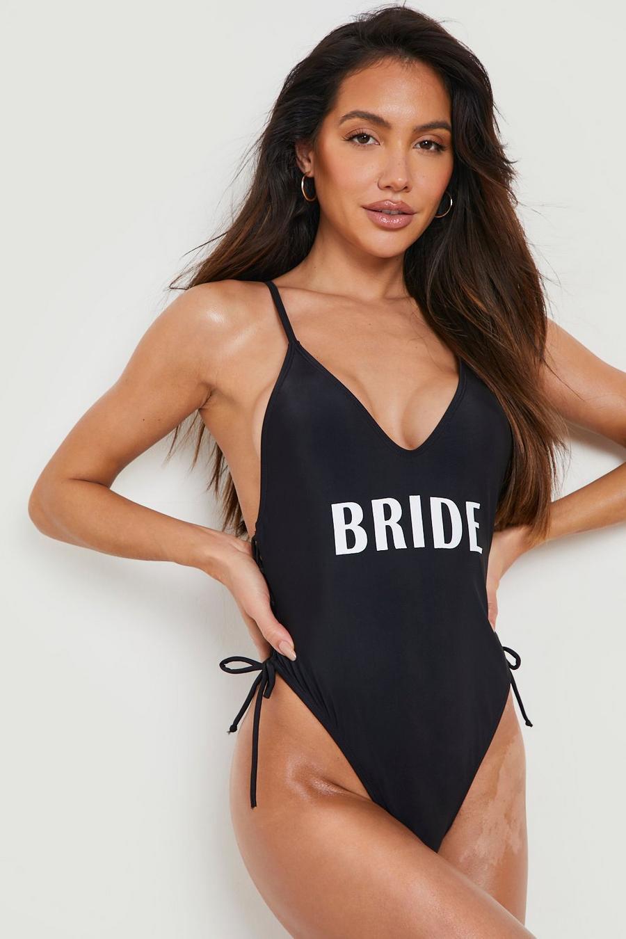Black Bride Slogan Lace Up Swimsuit image number 1