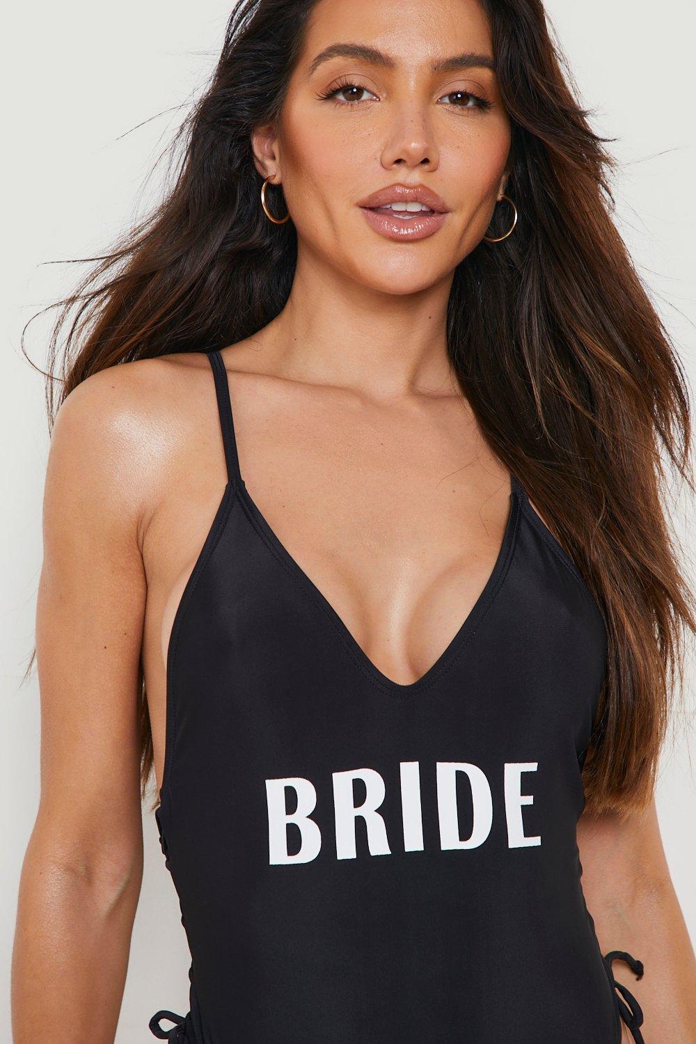 Bride Slogan Lace Up Swimsuit boohoo USA