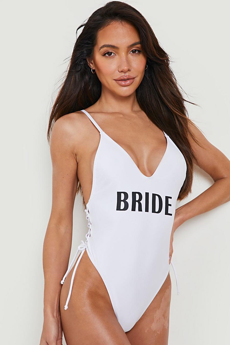 White Bride Slogan Lace Up Swimsuit