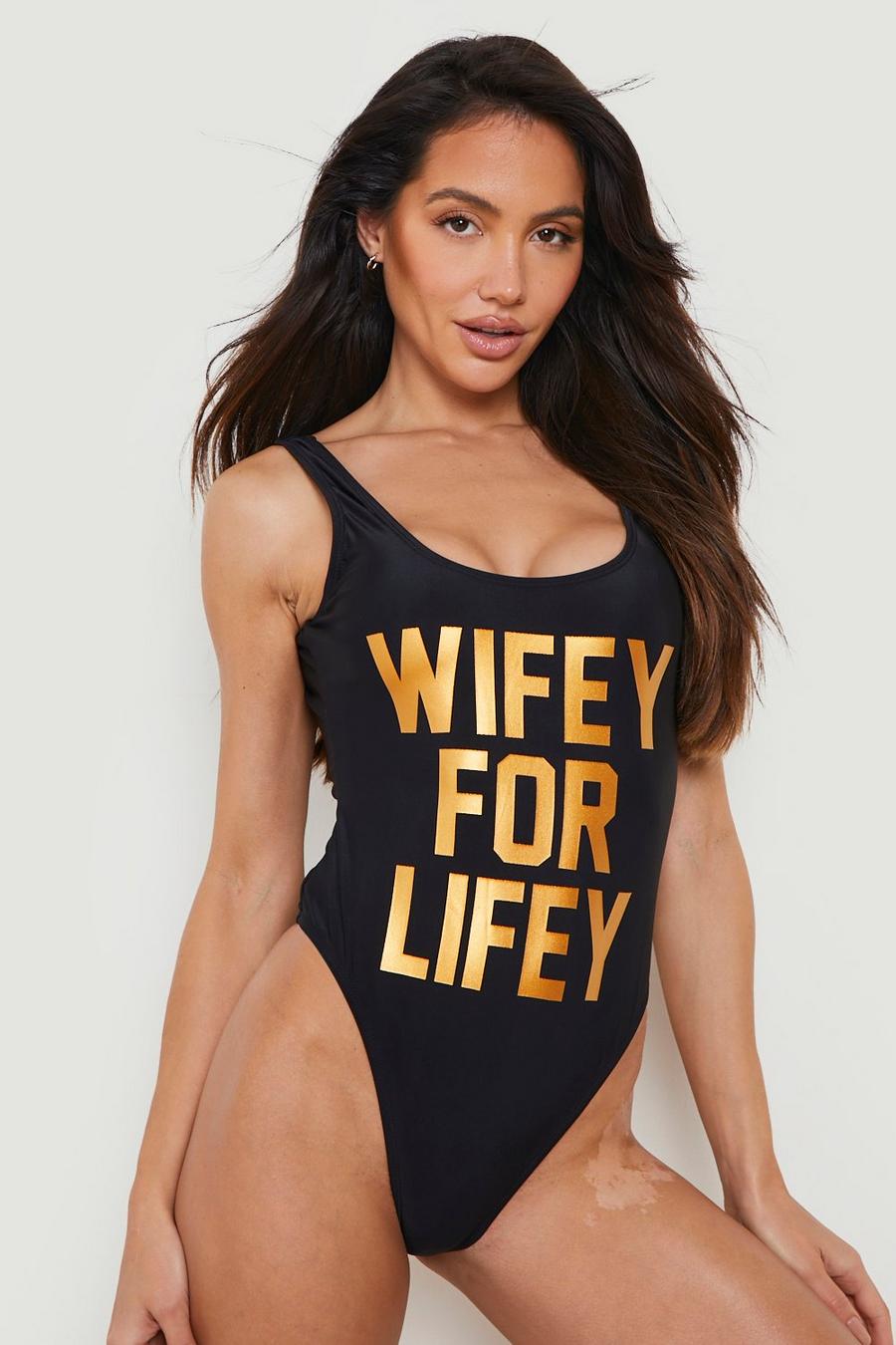 Black Wifey For Lifey Bride Slogan Swimsuit image number 1