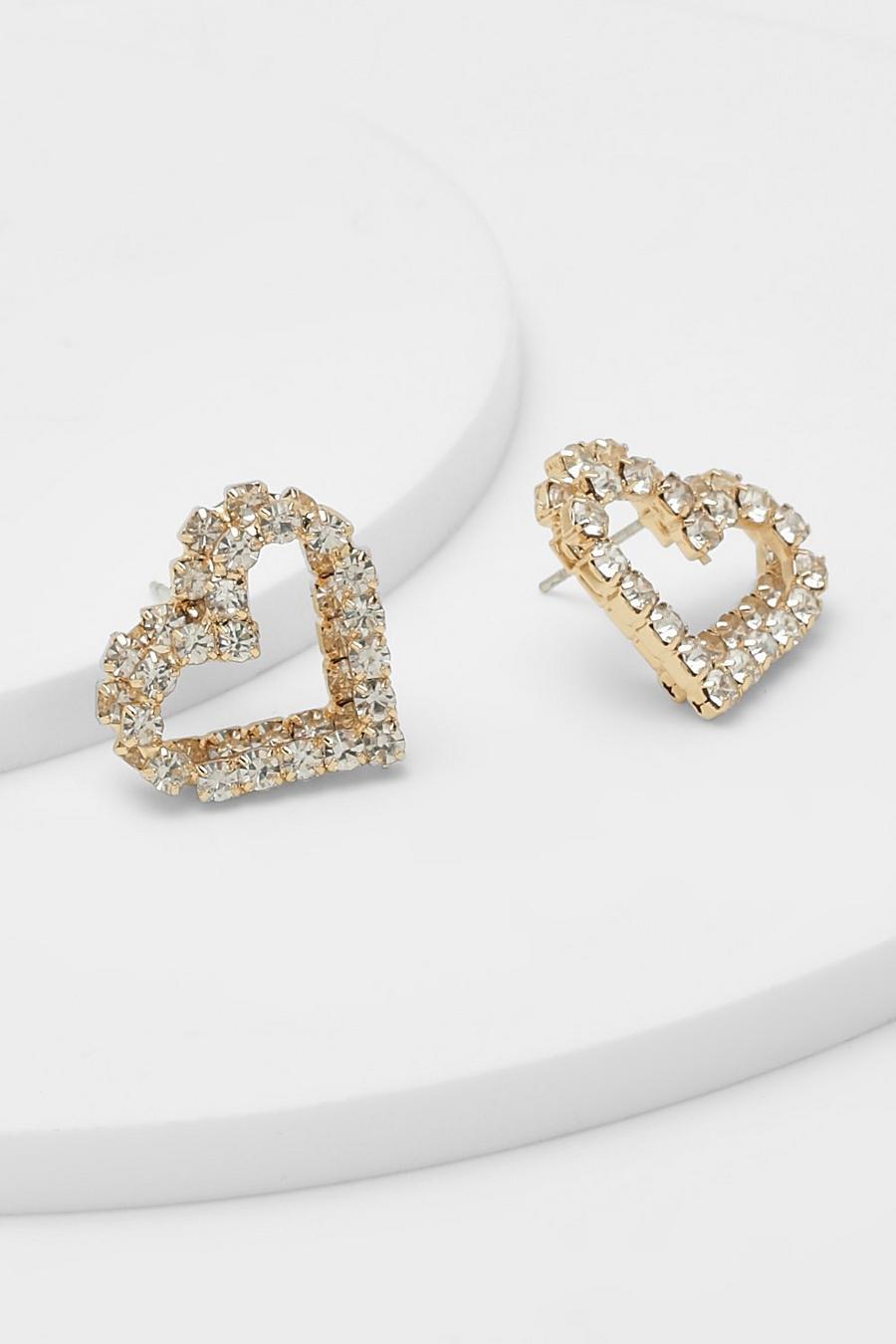 עגילים מוזהבים בצורת לב עם אבנים דמויות יהלומים  image number 1