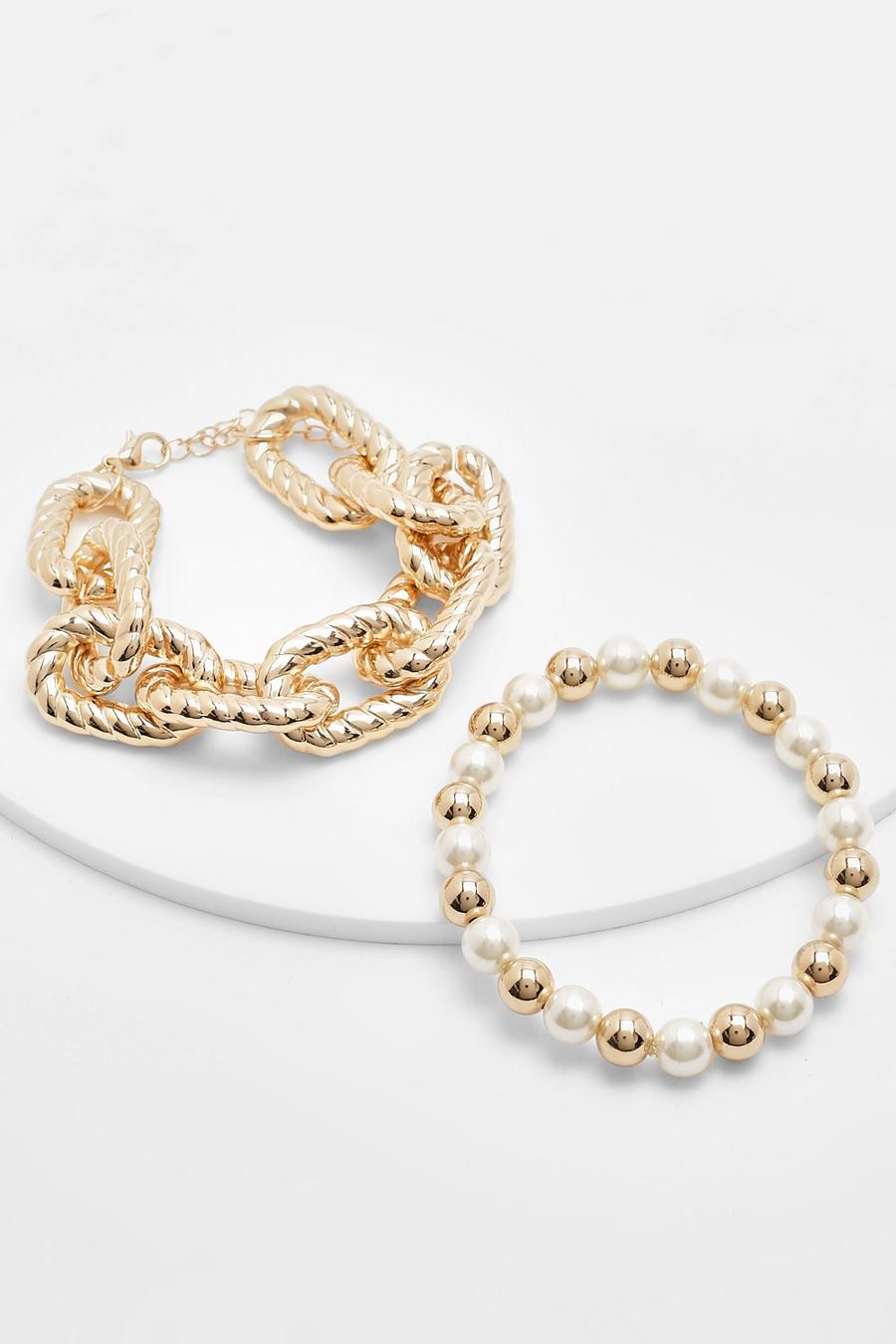 Gold metallic Chunky Chain Link Pearl Bracelet 