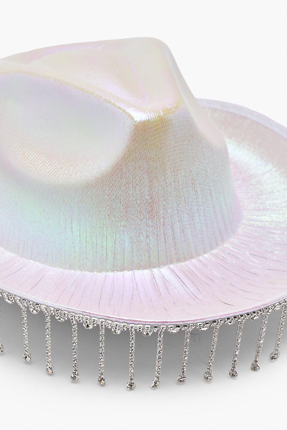Neon Cowgirl Hut mit Strass-Fransen - Glitzer Holografischer Cowboyhut für  Damen, perfekt für Disco Tanz Party Kostüm - Weiß