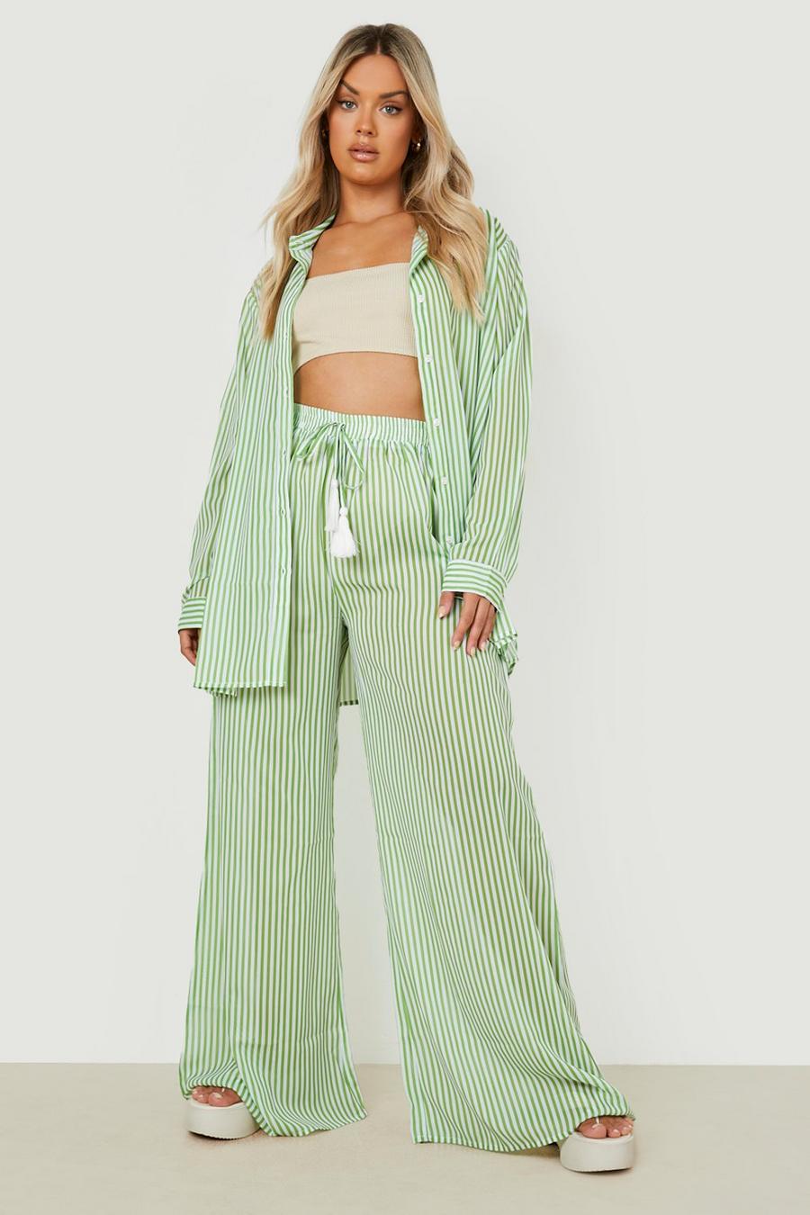Light green vert Plus Nautical Stripe Wide Leg Beach Trousers