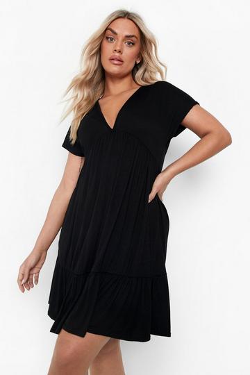 Plus V Neck Smock Dress black