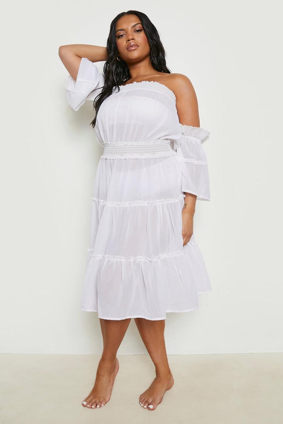 White Plus Tiered Bardot Beach Dress image number 1
