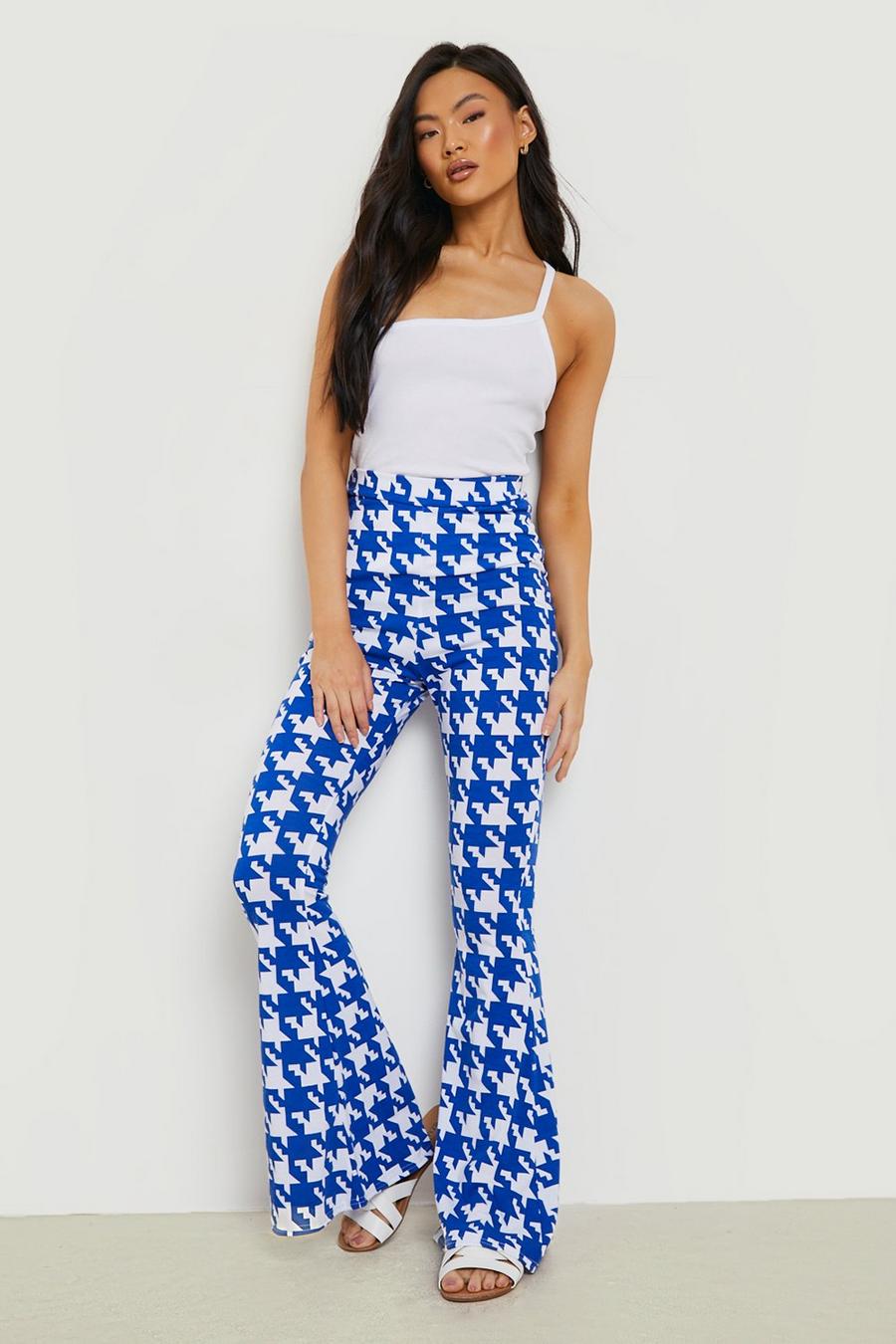 Blue Dogtooth Print Jersey Flare Trouser  image number 1