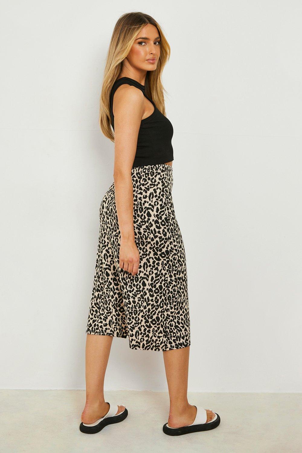 Leopard Printed Jersey Thigh Split Midi Skirt