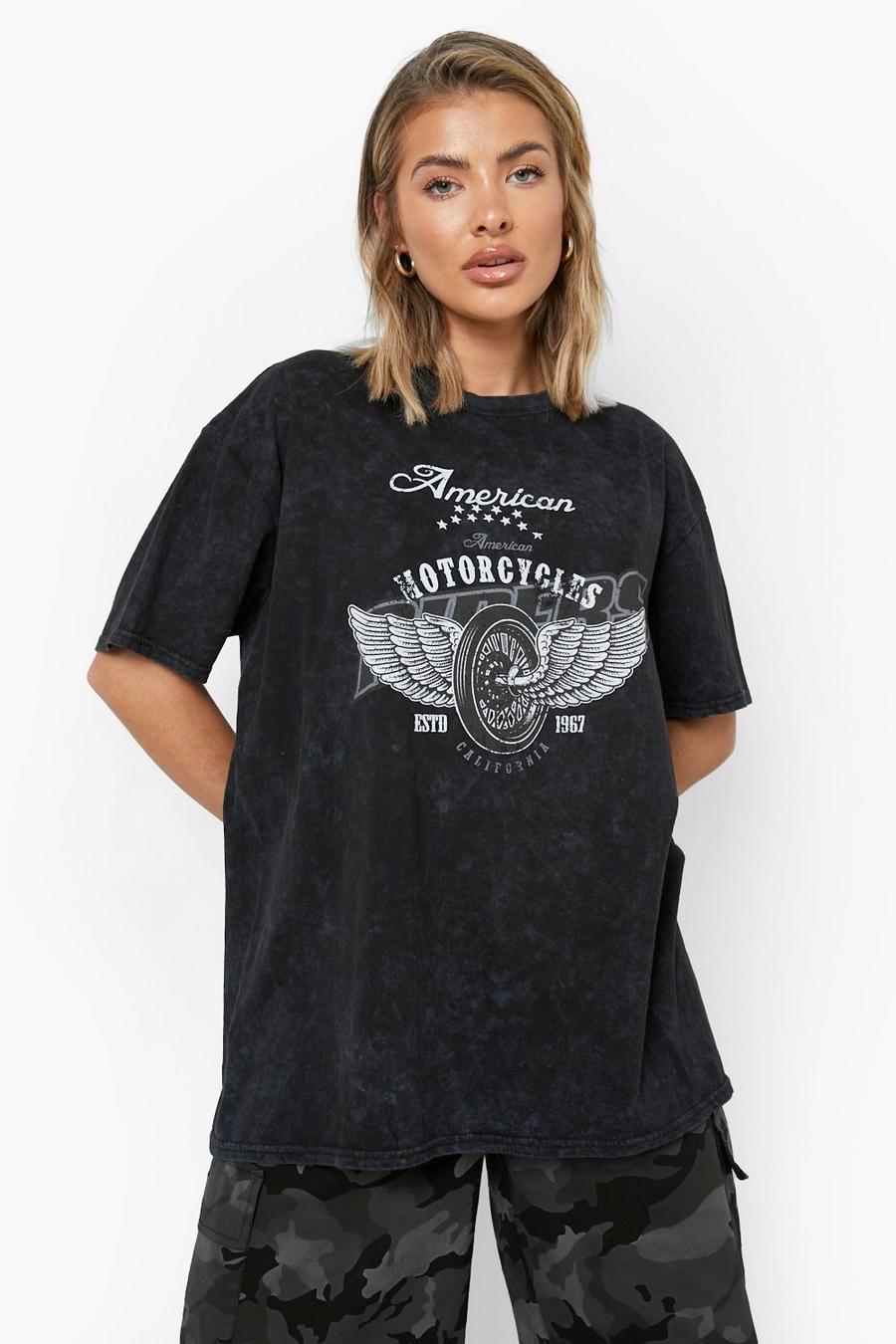 T-shirt oversize délavé imprimé motocross, Charcoal gris