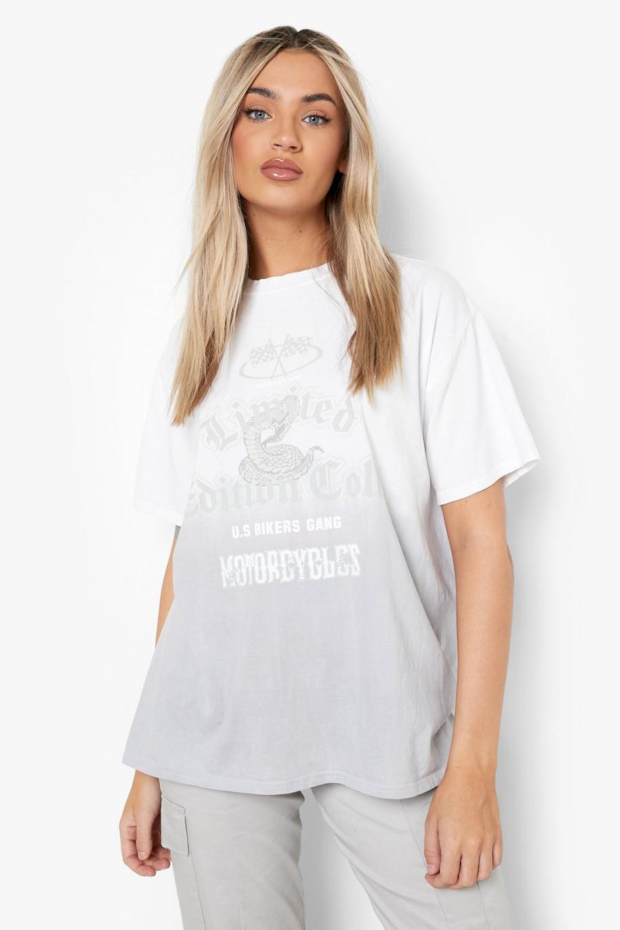 Oversize T-Shirt mit Motorcycle Print und Farbverlauf, White blanc