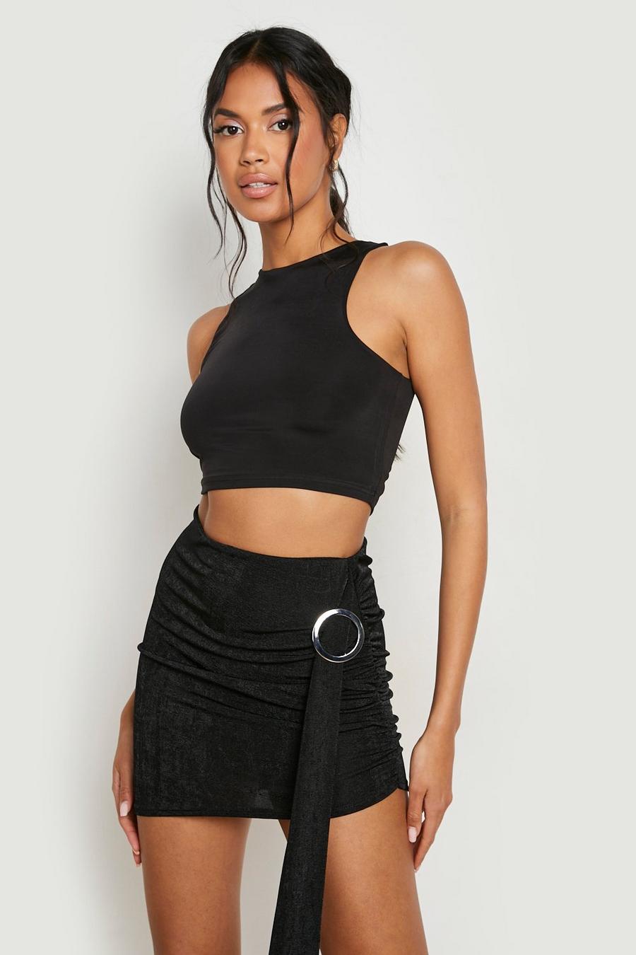 Black Textured Slinky O-ring Belt Mini Skirt