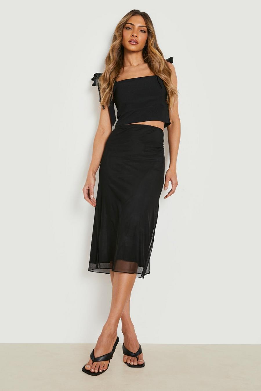 Black Mesh Frill Hem Lined Midi Skirt image number 1