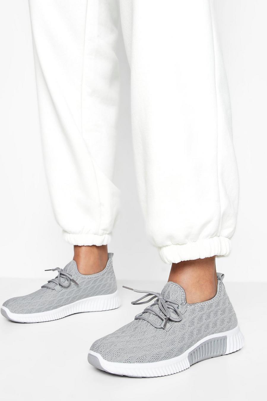 Grey grå Lace Up Knitted Sports Trainers