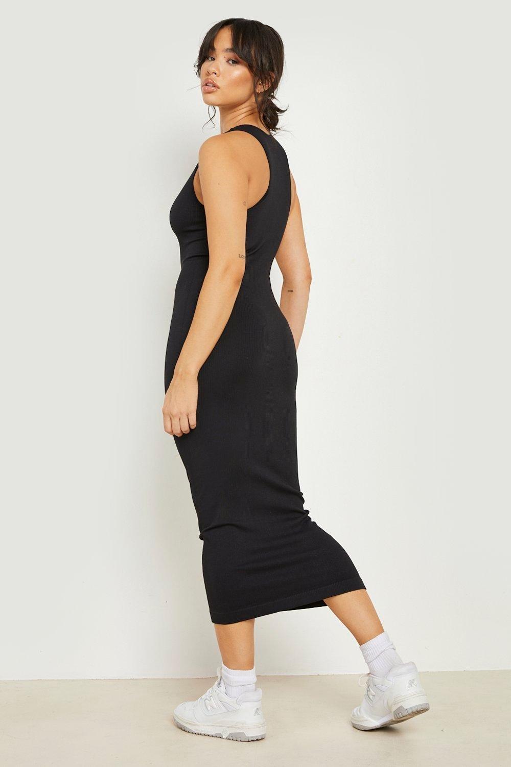 Women's Seamless Rib Racer Neck Midi Dress