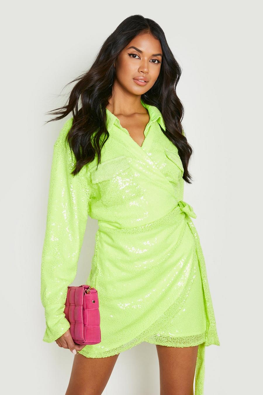 Neon-lime Skjortklänning med omlott och paljetter image number 1