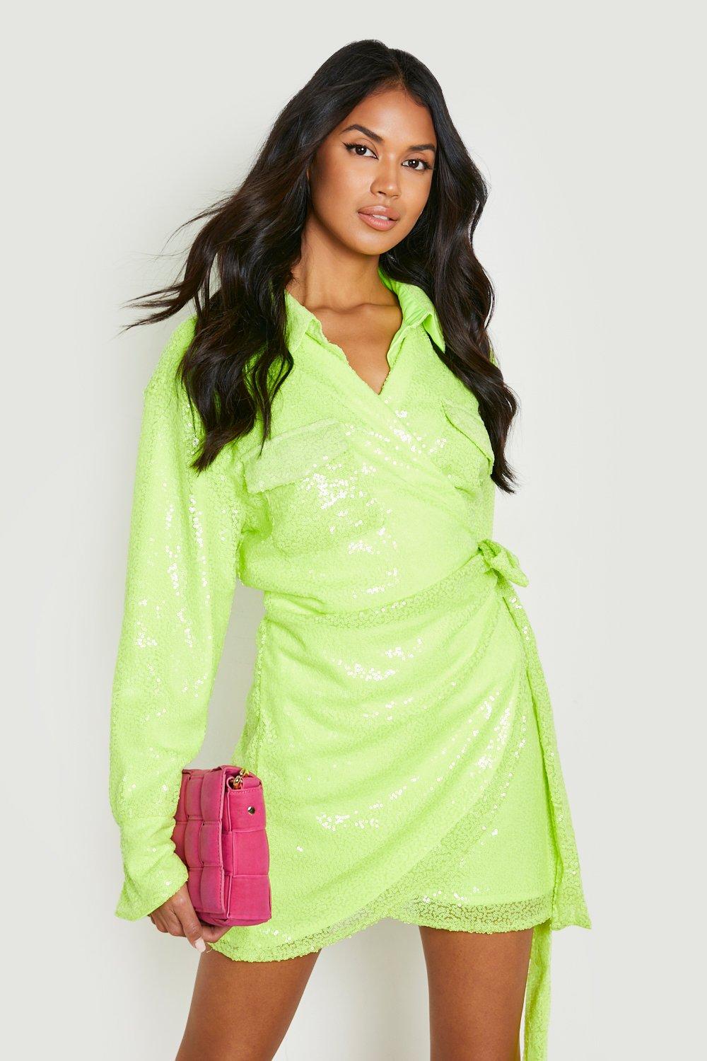 Neon Sequin Wrap Shirt Dress | boohoo USA