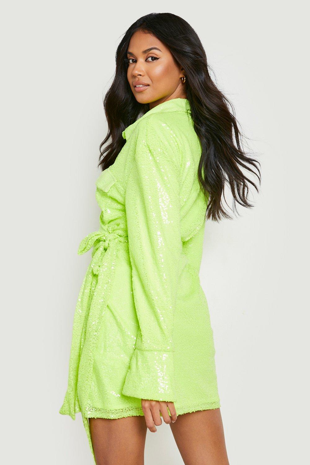 Neon Sequin Wrap Shirt Dress