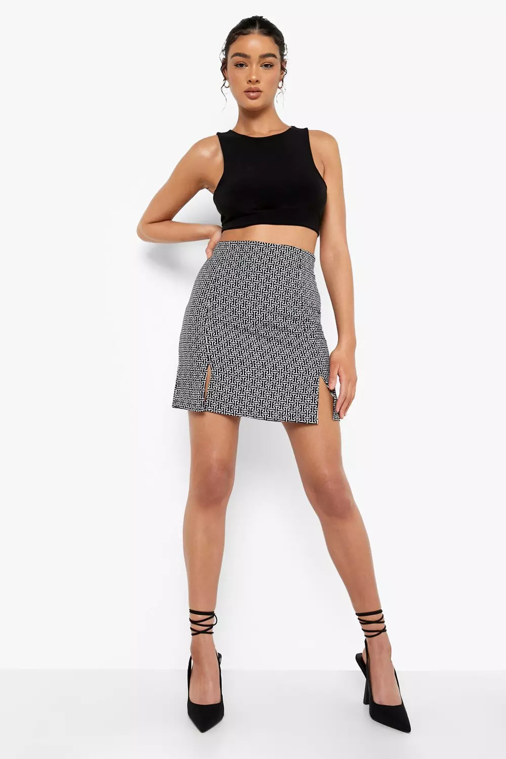 【U LAN】Split Strap Mini Skirt Strass Mini Skirt (SK08135268-0473-004-BLACK)