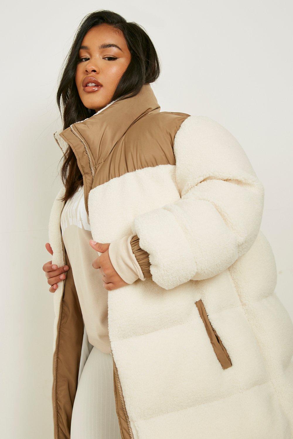 Plus Longline Teddy Faux Fur Paneled Puffer Jacket