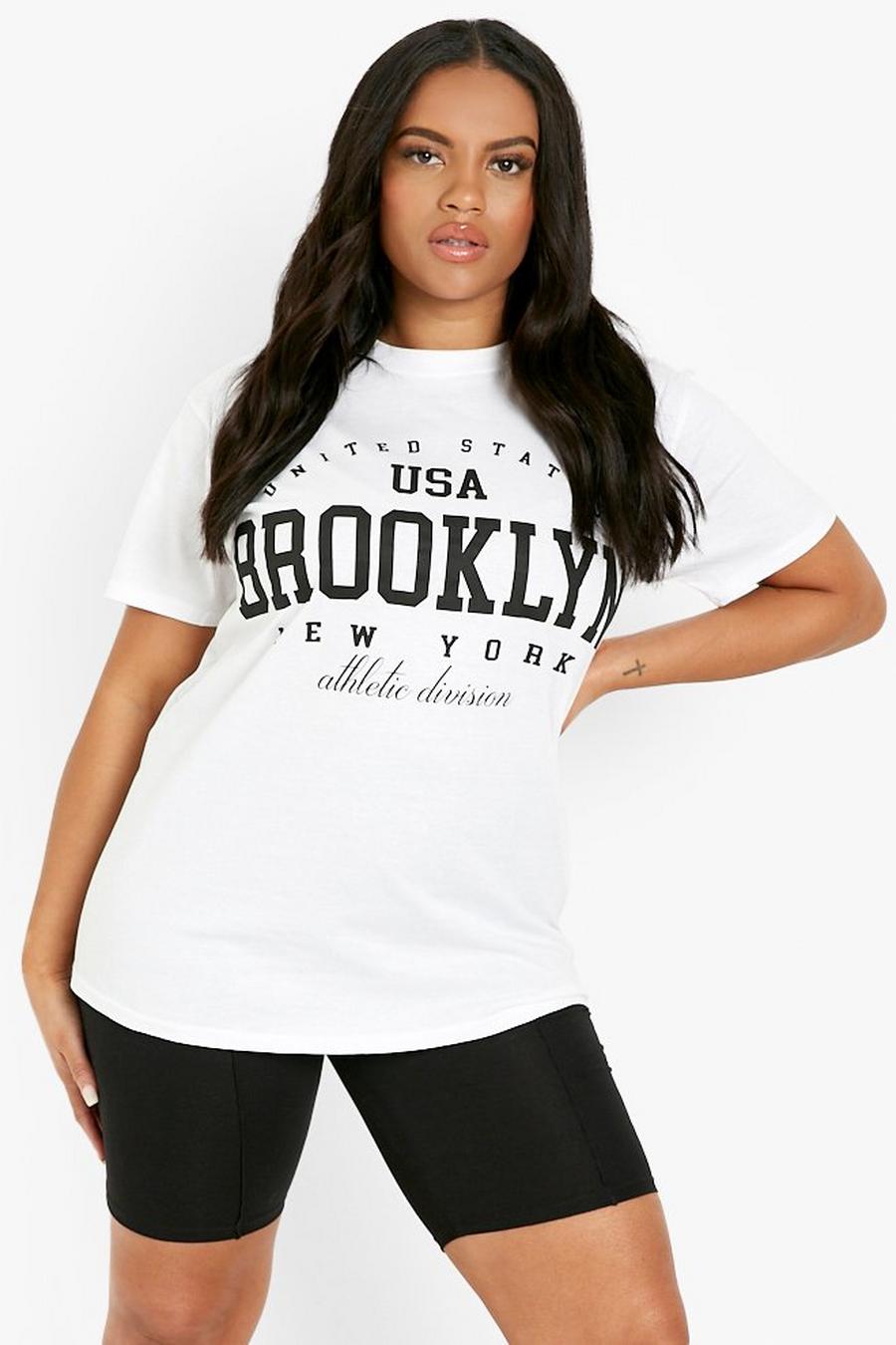 Plus Oversize T-Shirt mit Brooklyn Slogan, White image number 1