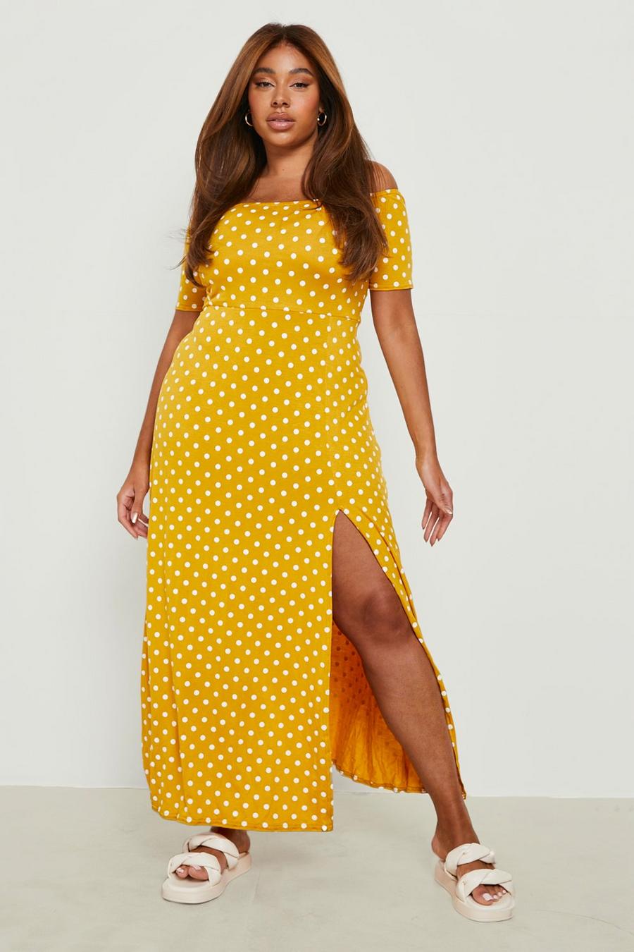 Mustard Plus Ditsy Polka Dot Off Shoulder Split Maxi Dress image number 1