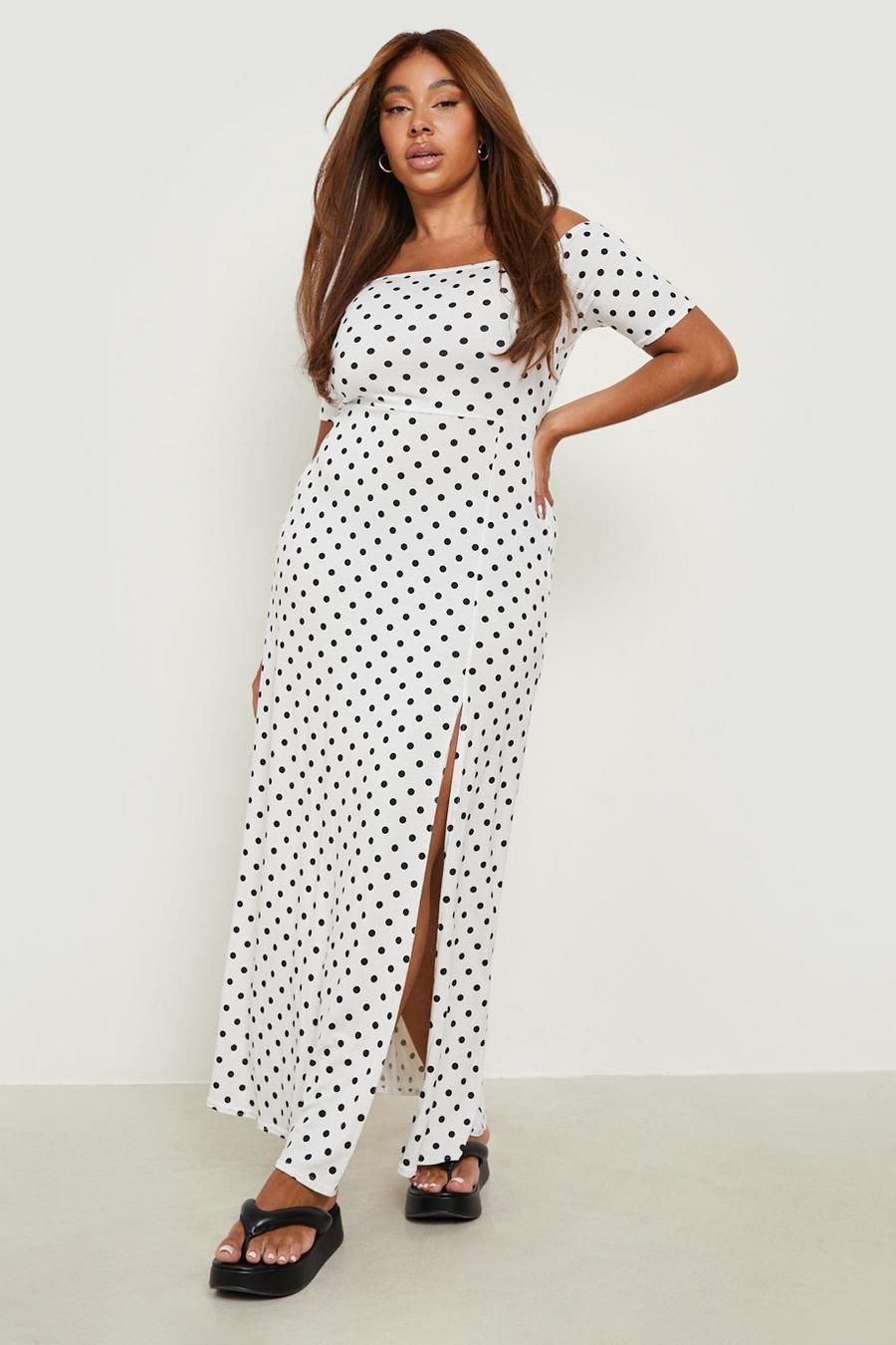 White Plus Ditsy Polka Dot Off Shoulder Split Maxi Dress image number 1