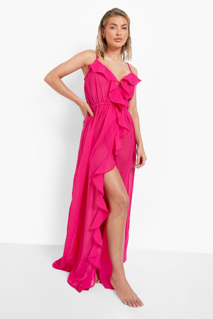 Pink Lång strandklänning med låg urringning och volanger image number 1