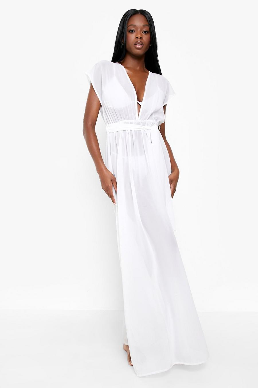 White blanc Tie Detail Plunge Maxi Beach Dress