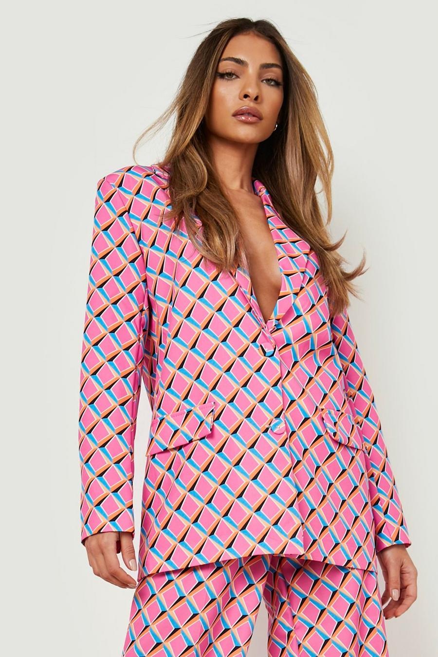 Pink Geo Print Plunge Front Tailored Blazer
