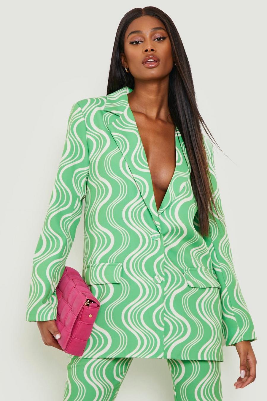 Apple green Retro Print Plunge Front Tailored Blazer