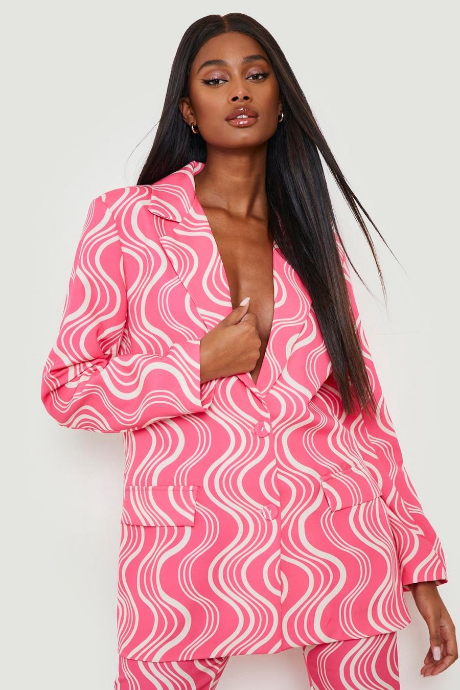 Pink Retro Print Plunge Front Tailored Blazer image number 1