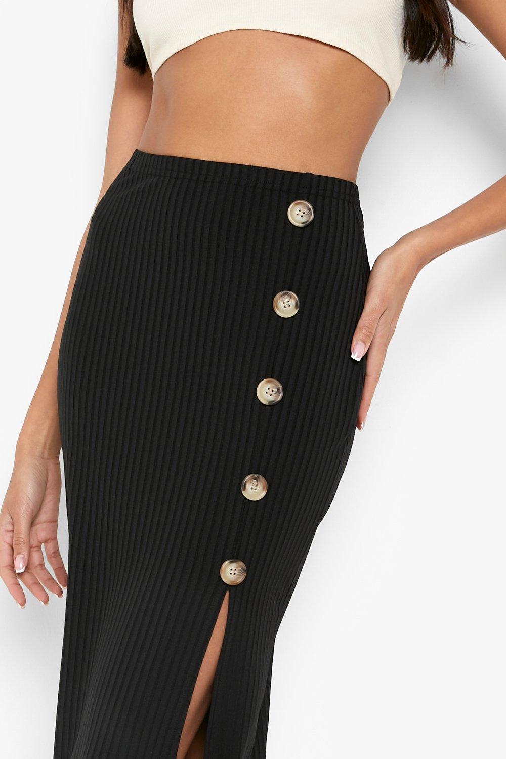 Button Side Thigh Split Ribbed Midaxi Skirt
