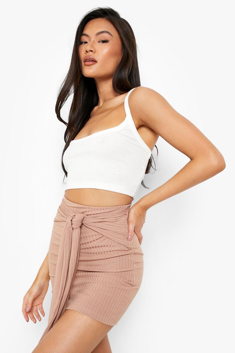 Camel Wrap Tie Front Rib Mini Skirt image number 1