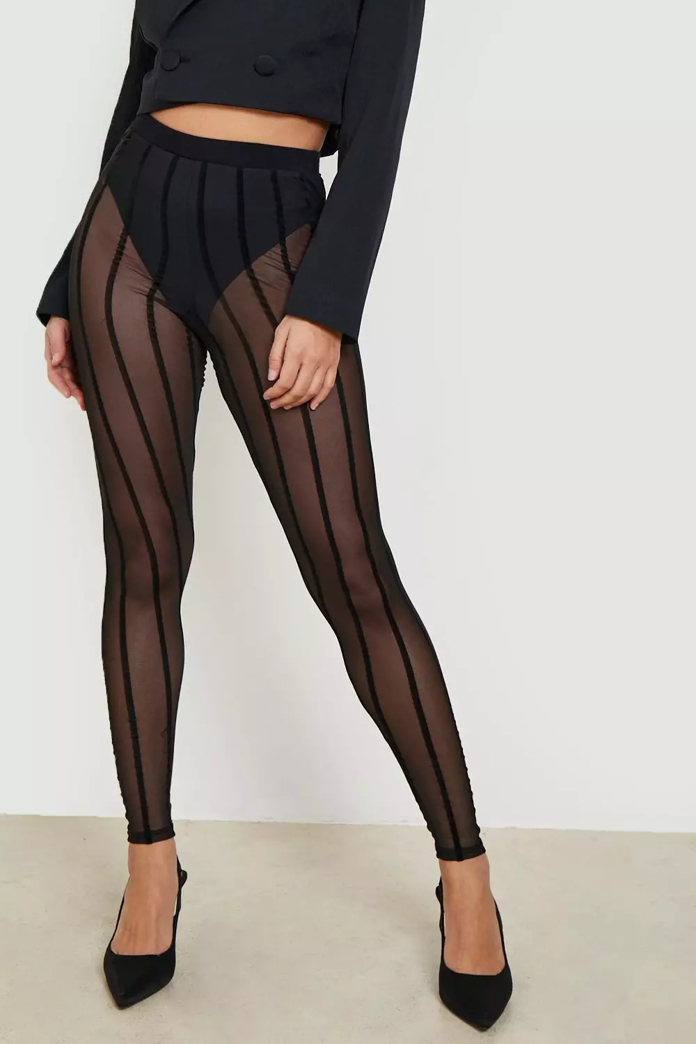 Black striped cheap mesh leggings