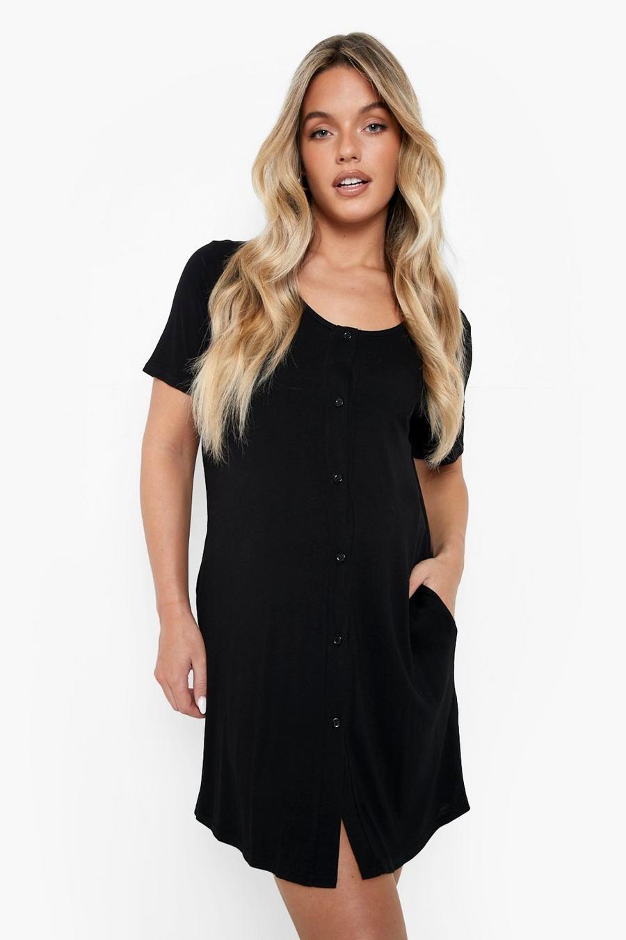 Black Maternity Button Front Side Pocket Nightgown image number 1