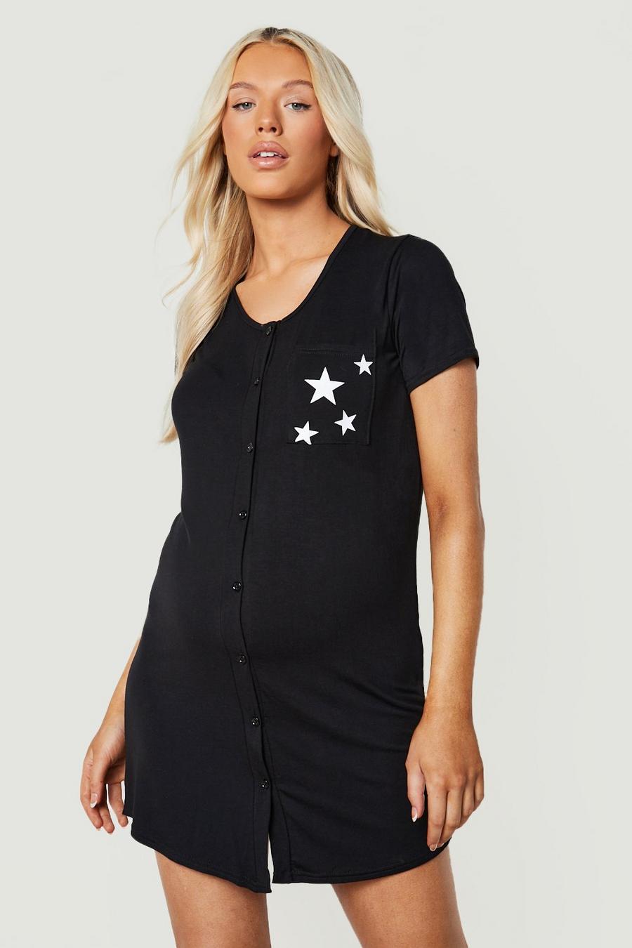 Black Maternity Star Pocket Print Button Nightgown