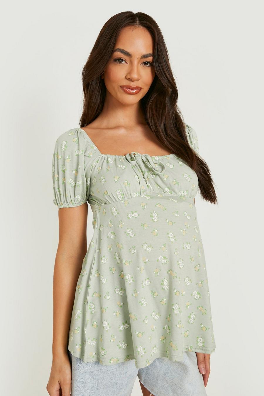 Sage green Maternity Floral Milkmaid Smock Top