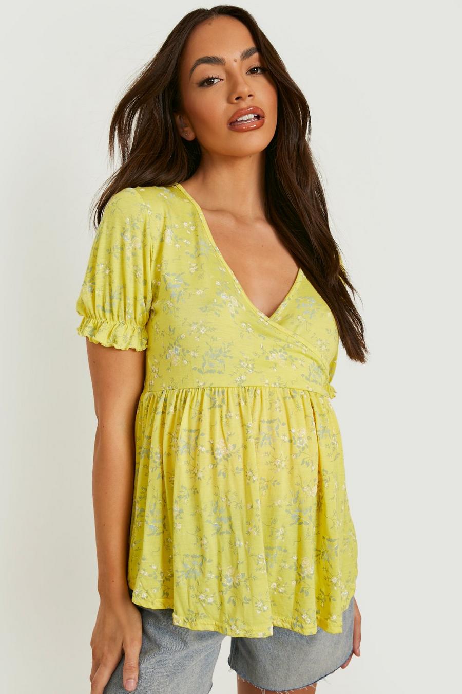 Yellow Maternity Floral Puff Sleeve Wrap Top image number 1