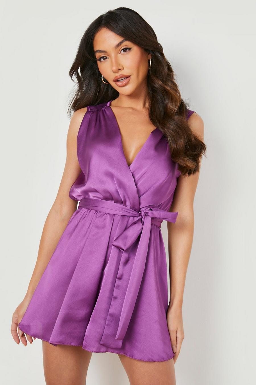 Purple lila Satin Plunge Belted Playsuit