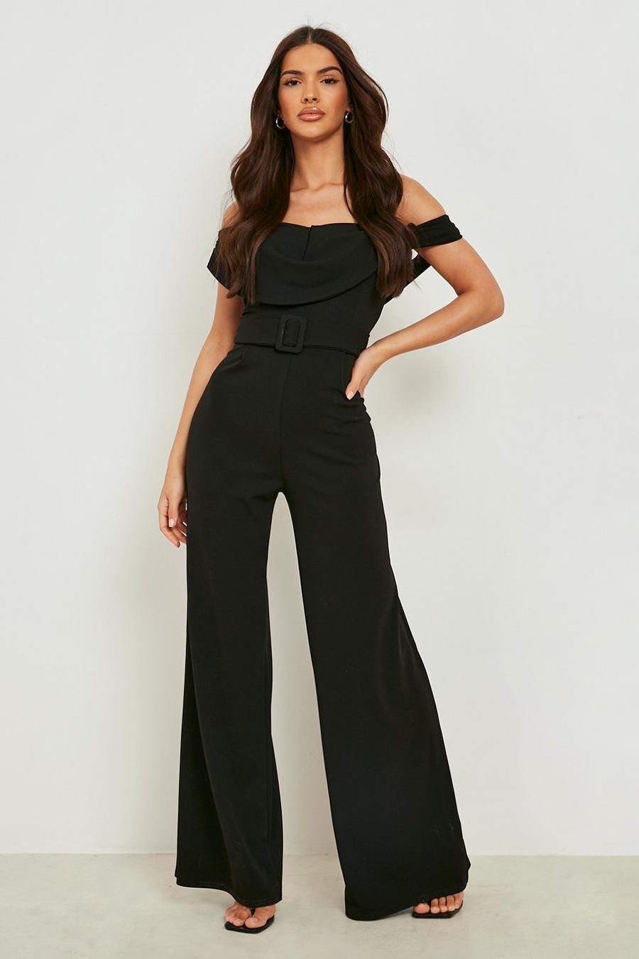 Black negro Asymetric Cowl Wide Leg Belted Jumpsuit
