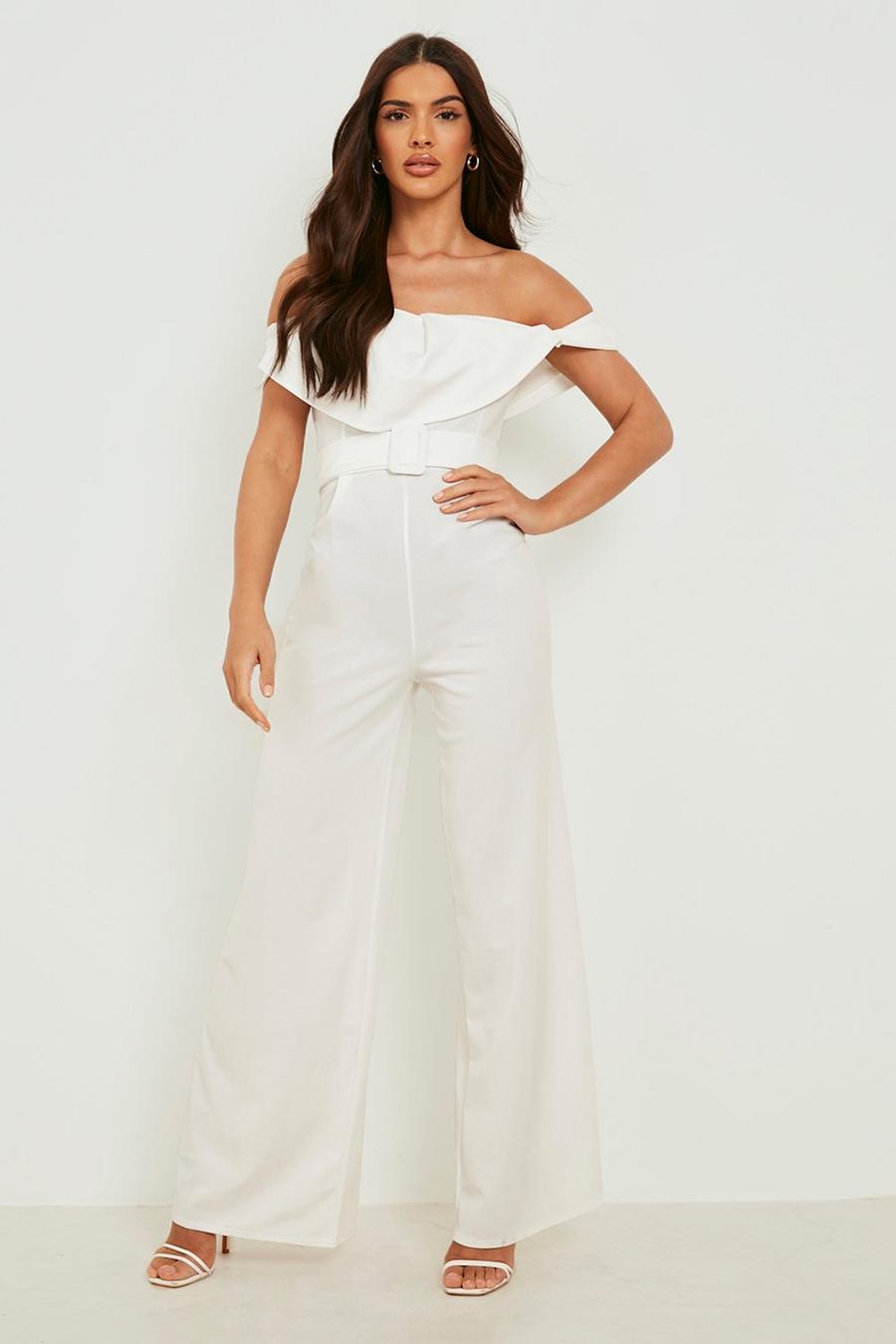 White Asymmetric Cowl Wide Leg Belted Jumpsuit image number 1