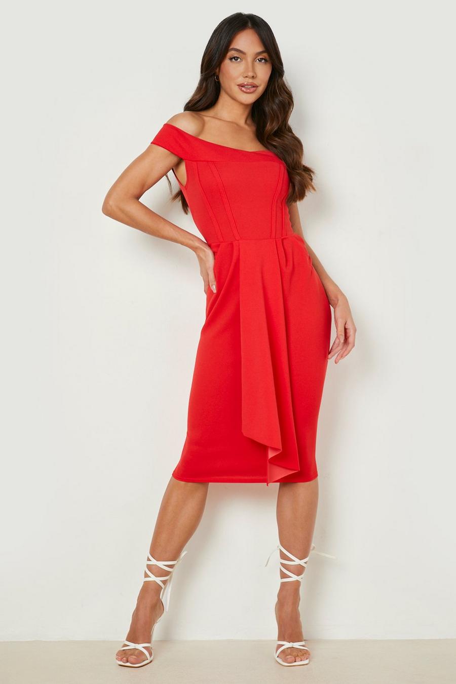 Red rouge Corset Detail Bardot Draped Midi Dress