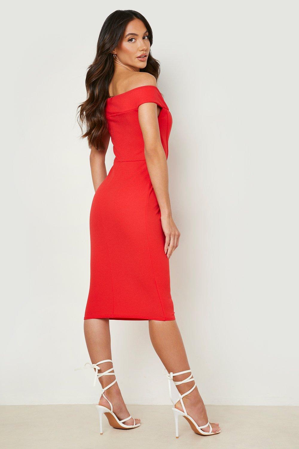 Boohoo red bardot store dress