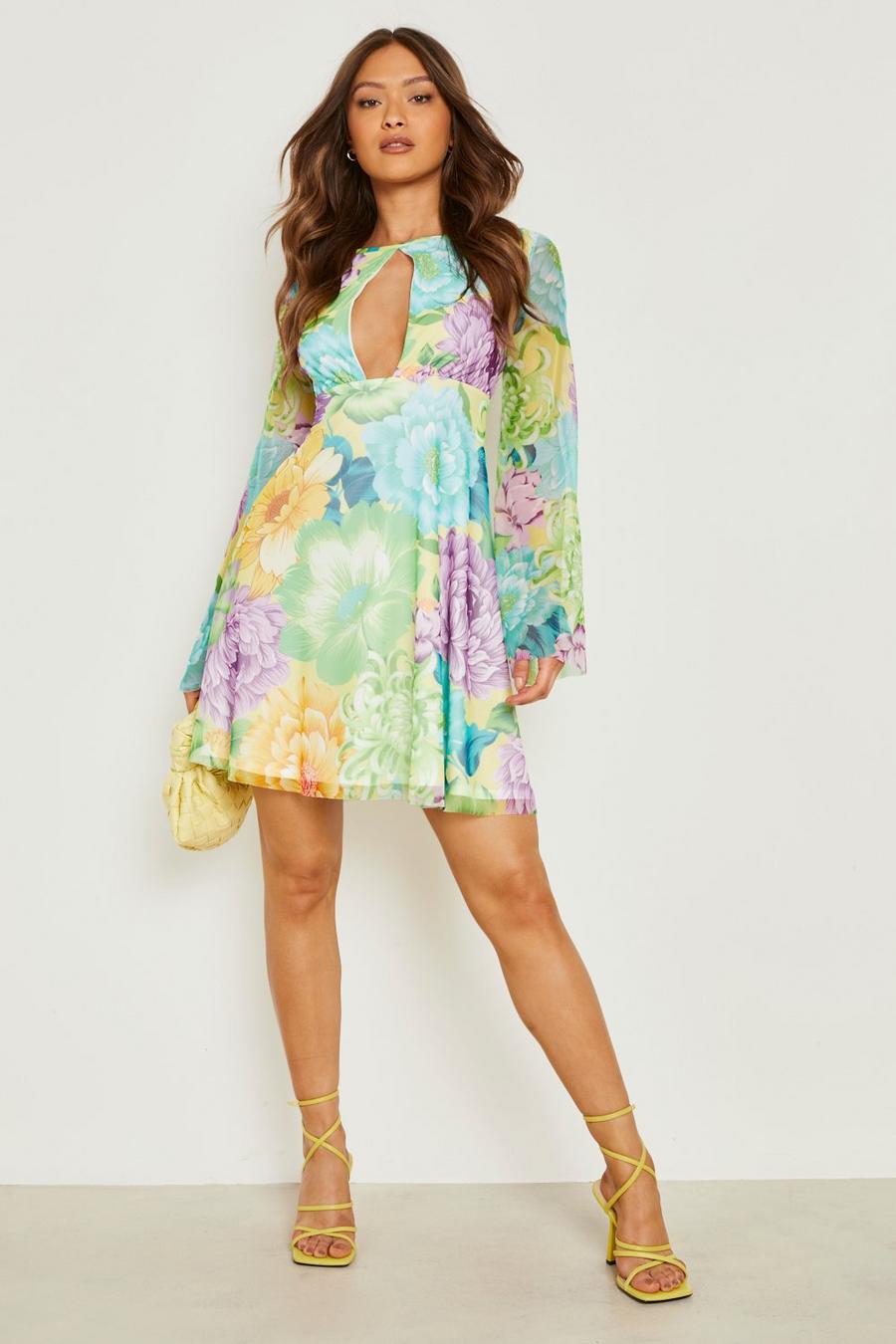 Yellow Floral Mesh Flare Sleeve Skater Dress image number 1