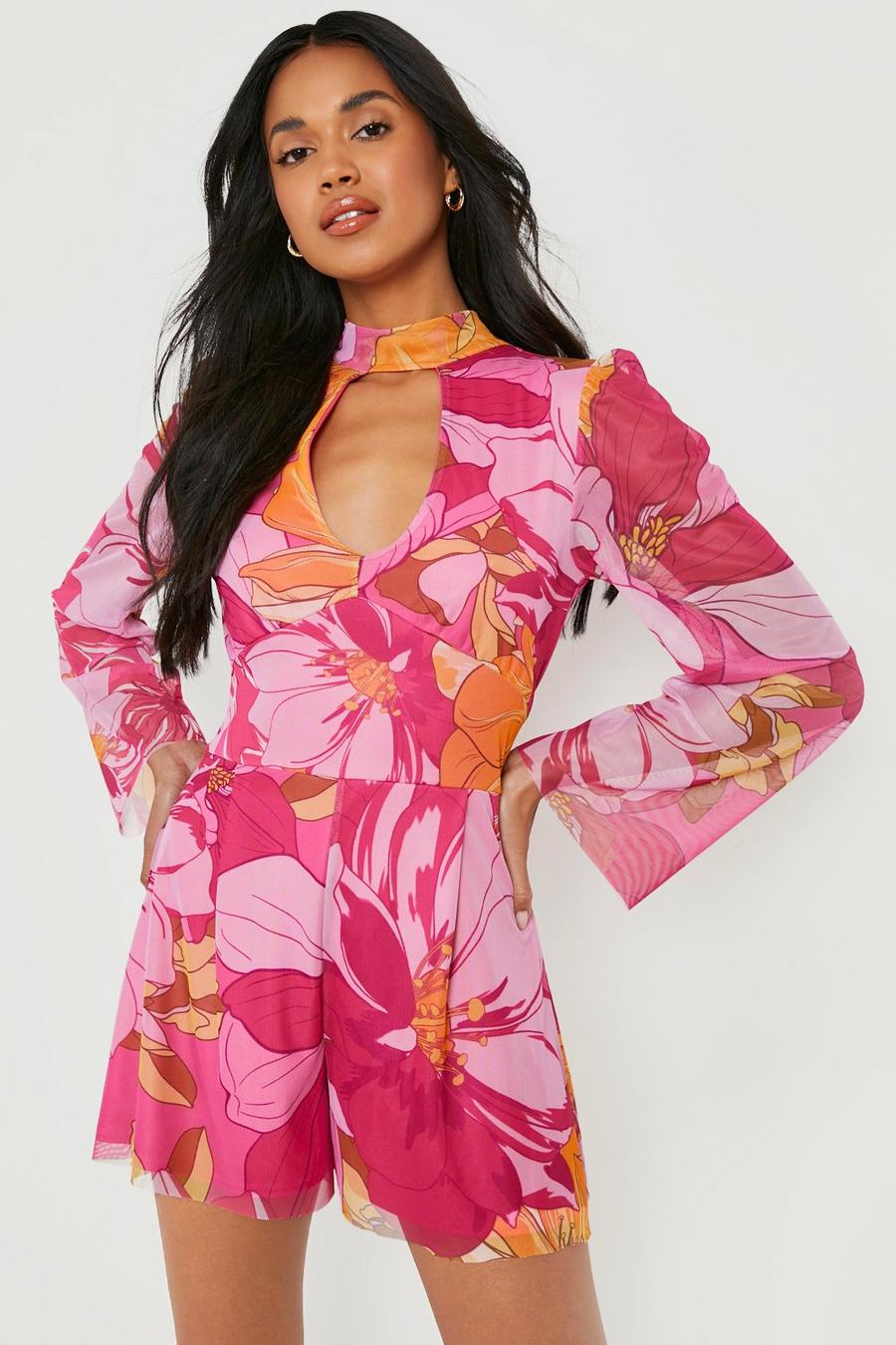 Pink rosa Floral Mesh Cut Out Playsuit image number 1