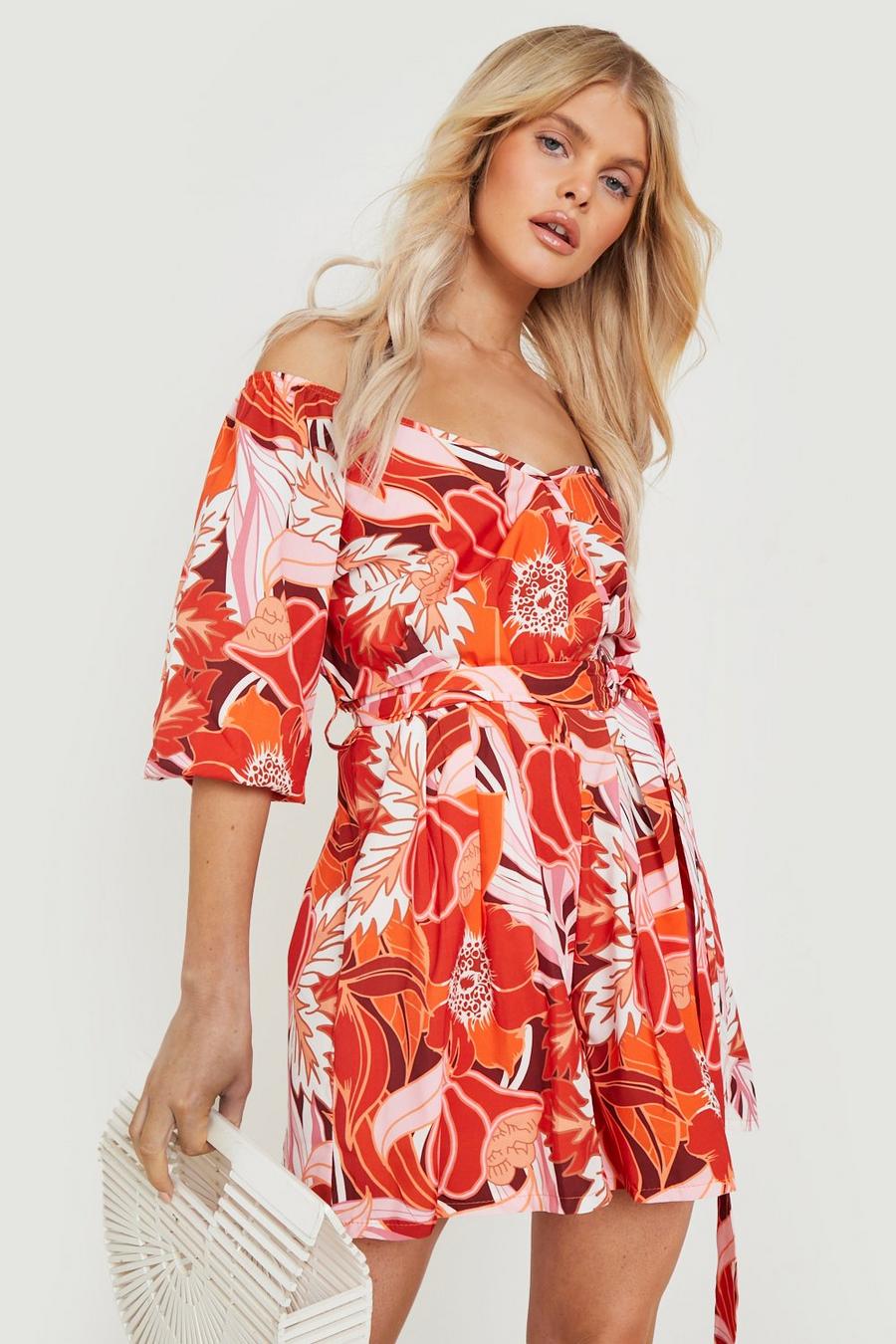 Red Floral Bardot Belted Wrap Woven Playsuit image number 1