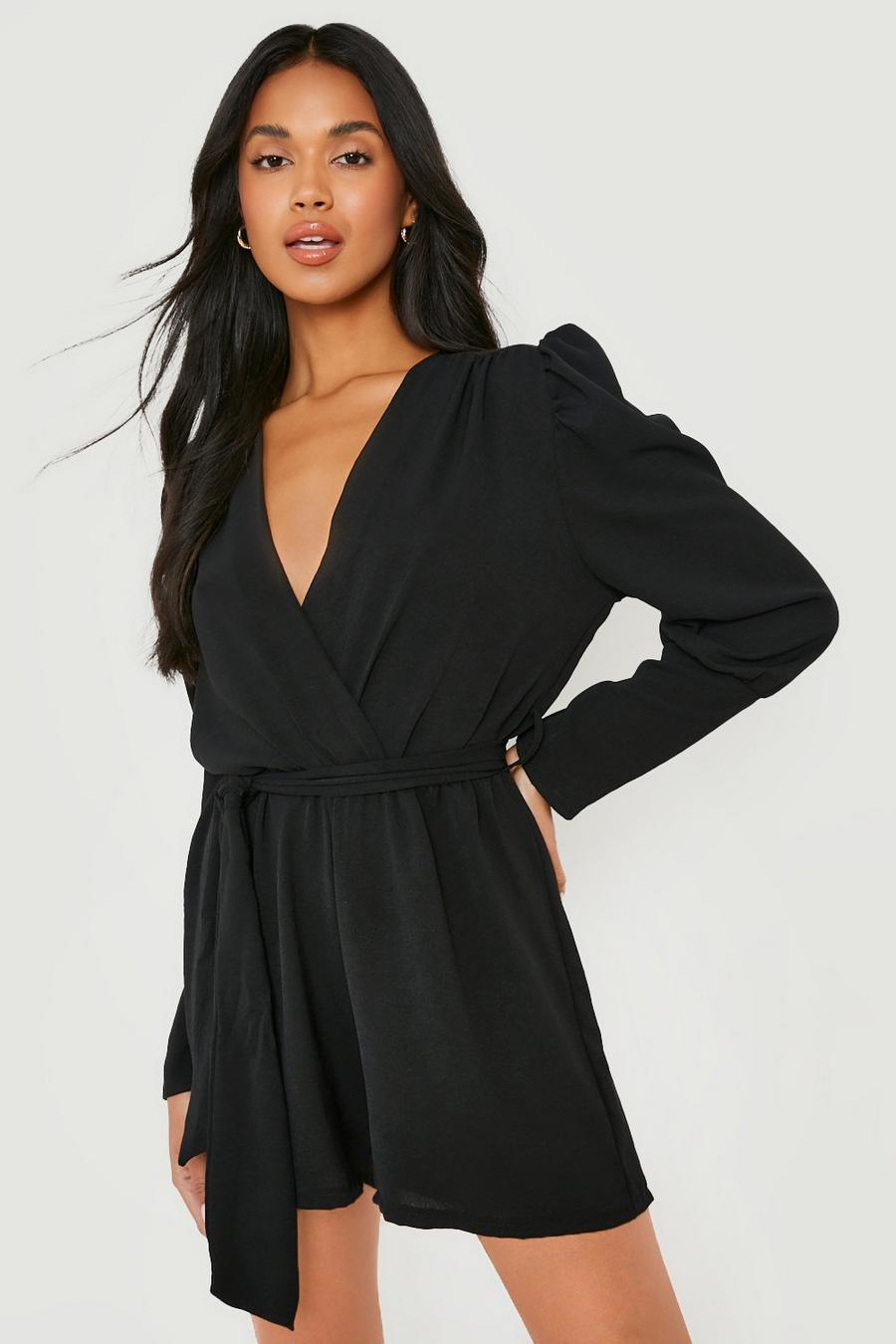 Black Puff Sleeve Belted Woven Playsuit image number 1